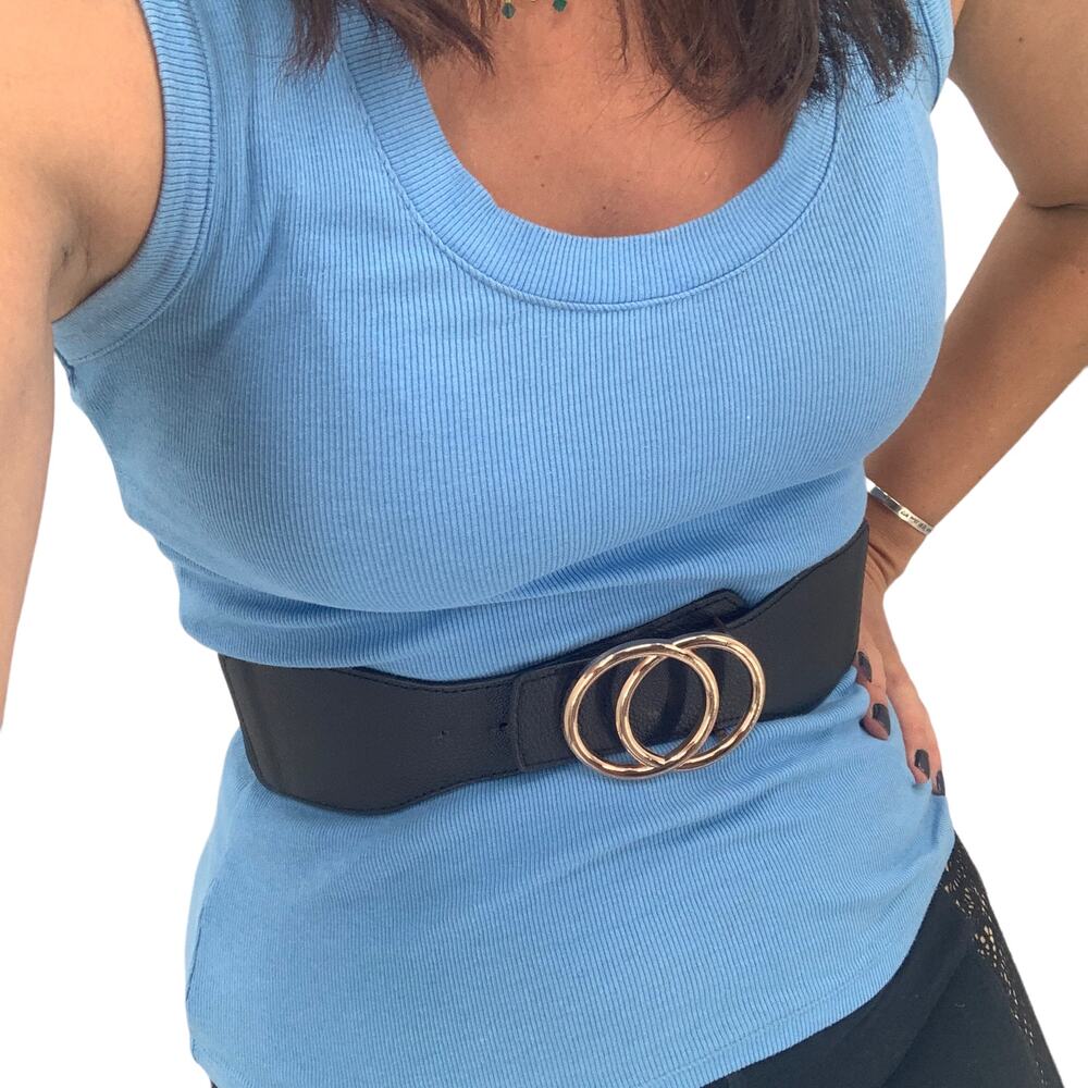 2/$30 Belt Classic Faux Leather Classic Black Interlocking Circles  Metal